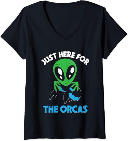 Womens Just Here For The Orcas Ocean Orca Sea Mamal Lover V-Neck T-Shirt