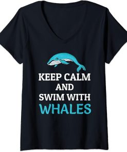 Womens Keep Calm And Swim With Whales Cute Orcas Killer Whales gift V-Neck T-Shirt