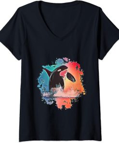 Womens Orca Motif Whale Ocean Predator Design Orcas V-Neck T-Shirt