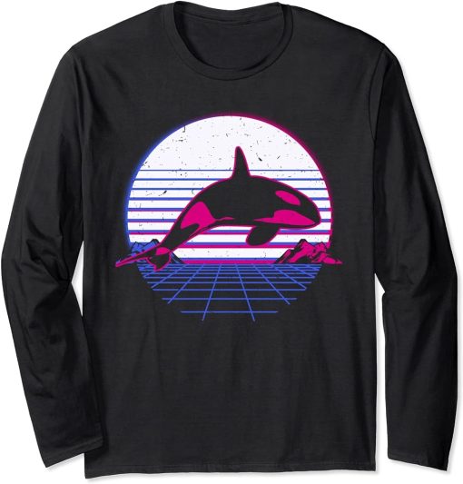 Killer Whale Orca Sea Ocean Retro Vintage Sunset Grid Gift Long Sleeve T-Shirt