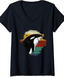 Womens Orca whale vintage retro killer whale art design V-Neck T-Shirt