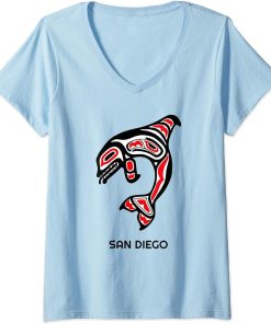 Womens San Diego, California Art Native American Orca Killer Whale V-Neck T-Shirt