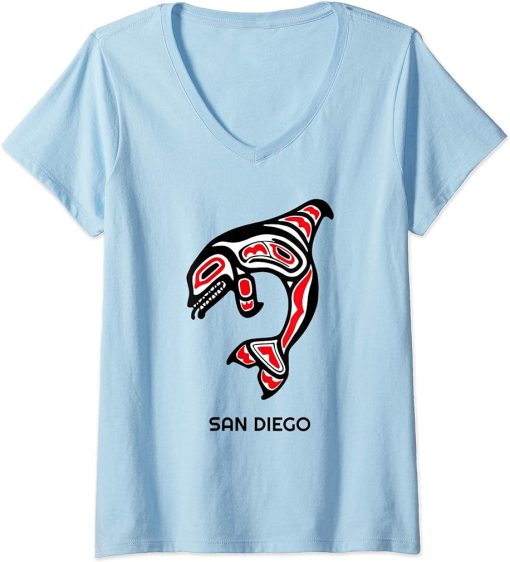 Womens San Diego, California Art Native American Orca Killer Whale V-Neck T-Shirt